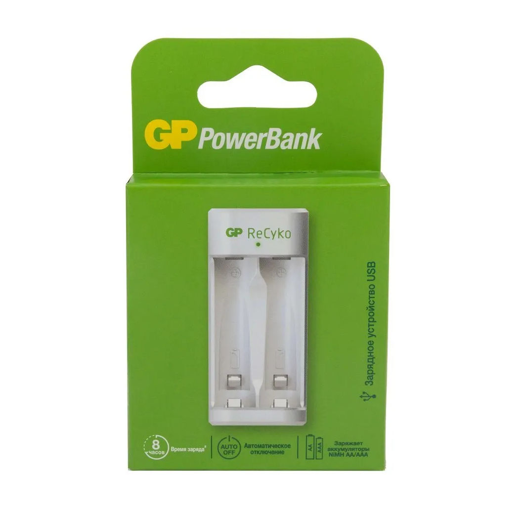 Зарядное устройство GP E211-2CRB1 USB для 2 AAA, AA Ni-MH индикатор заряда, -∆V, ток max 1A