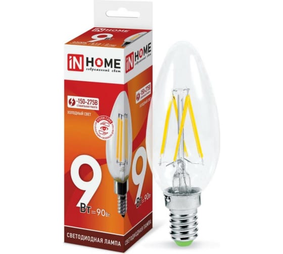 Лампа светодиодная LED-СВЕЧА-deco 9Вт 230В Е14 6500К 810Лм прозрачная IN HOME