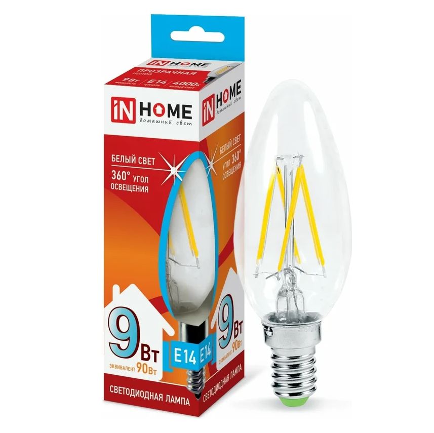Лампа светодиодная LED-СВЕЧА-deco 9Вт 230В Е14 4000К 810Лм прозрачная IN HOME