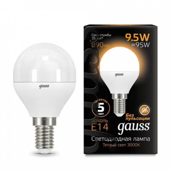 Лампа Gauss LED Шар E14 9.5W 890lm 3000K 1/10/50