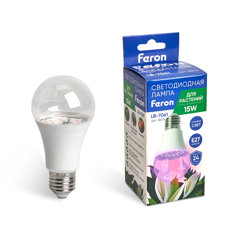 Лампа светодиодная для растений, А60 (15W) 230V E27, красно-синий спектр LB-7061