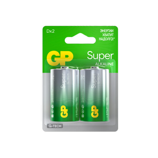 Батарейка щелочная GP LR20 (D) Super Alkaline 1.5В бл/2 (13AA21-2CRSBC2)