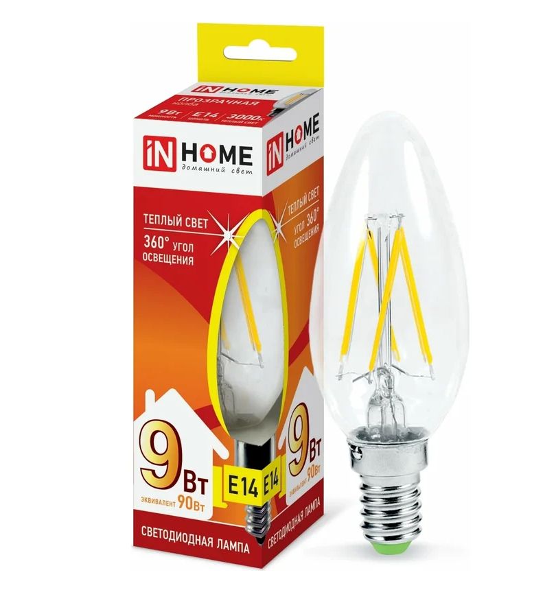 Лампа светодиодная LED-СВЕЧА-deco 9Вт 230В Е14 3000К 810Лм прозрачная IN HOME