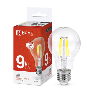 Лампа светодиодная LED-A60-deco 9Вт 230В Е27 4000К 1040Лм прозрачная IN HOME
