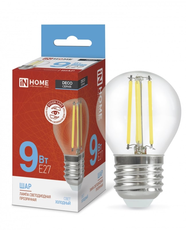 Лампа светодиодная LED-ШАР-deco 9Вт 230В Е27 6500К 810Лм прозрачная IN HOME