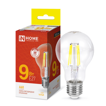 Лампа светодиодная LED-A60-deco 9Вт 230В Е27 3000К 1040Лм прозрачная IN HOME
