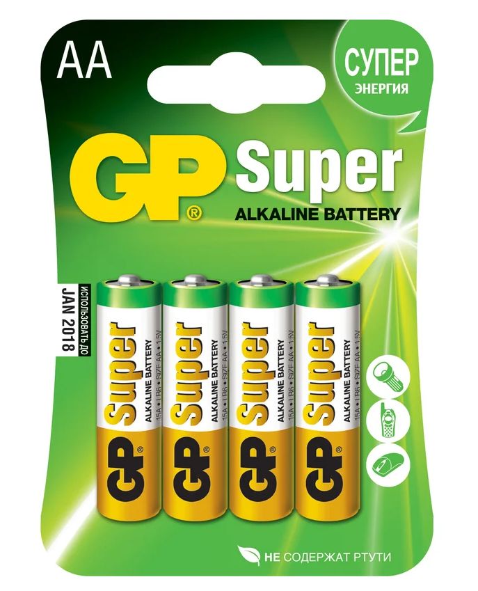 Батарейка щелочная GP LR6 (AA) Super Alkaline 1.5В бл/4 (15A-2CR4)