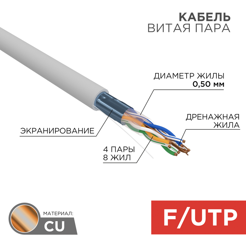 Кабель FTP  4PR  24AWG  CAT5e  305м  REXANT