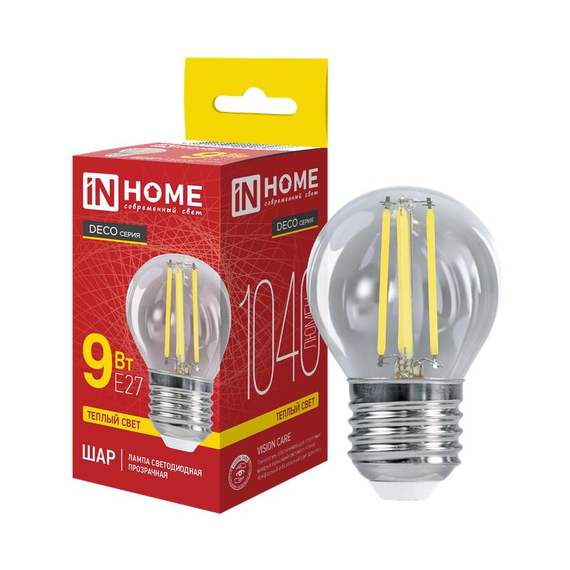 Лампа светодиодная LED-ШАР-deco 9Вт 230В Е27 3000К 810Лм прозрачная IN HOME