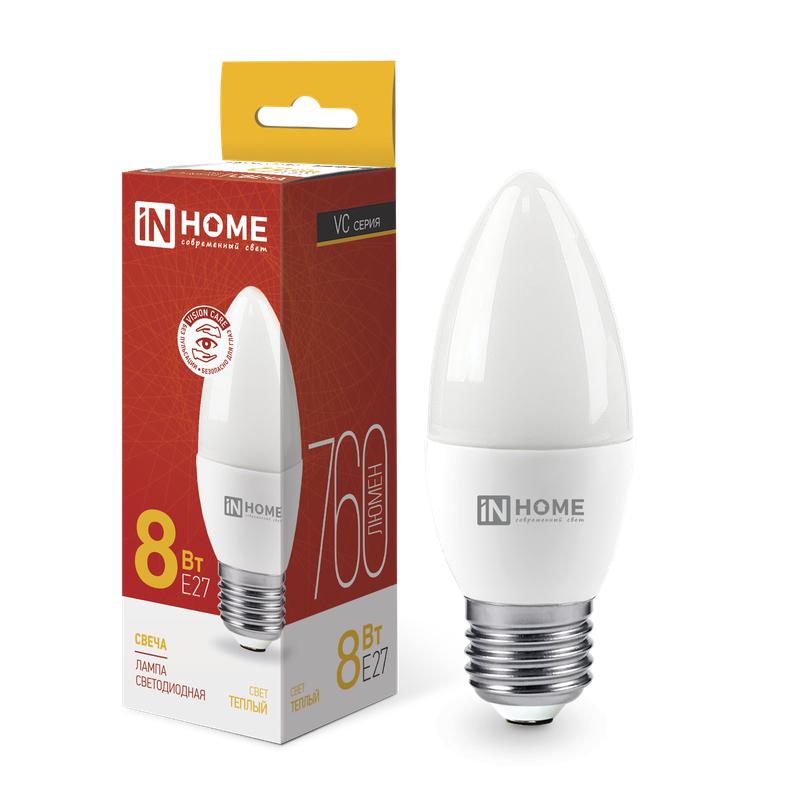 Лампа светодиодная LED-СВЕЧА-VC 8Вт 230В Е27 3000К 760Лм IN HOME