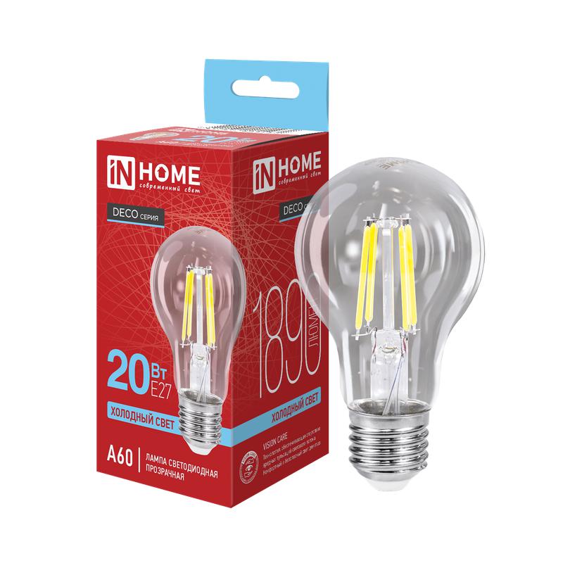 Лампа сд LED-A60-deco 20Вт 230В Е27 6500К 1890Лм прозрачная IN HOME
