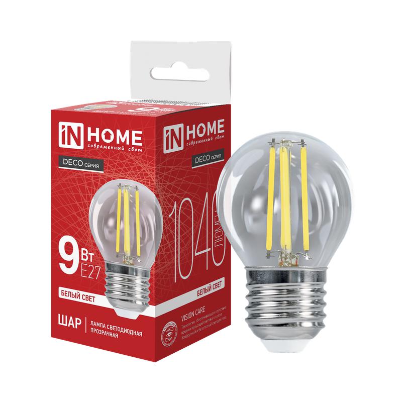 Лампа светодиодная LED-ШАР-deco 9Вт 230В Е27 4000К 810Лм прозрачная IN HOME