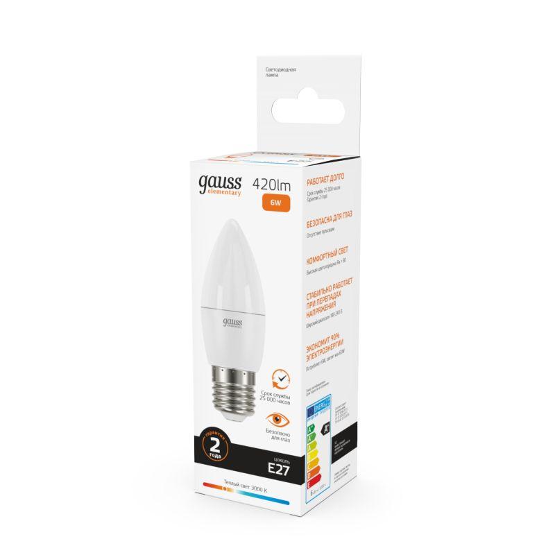 Лампа Gauss LED Elementary Candle 6W E27 2700K 1/10/50