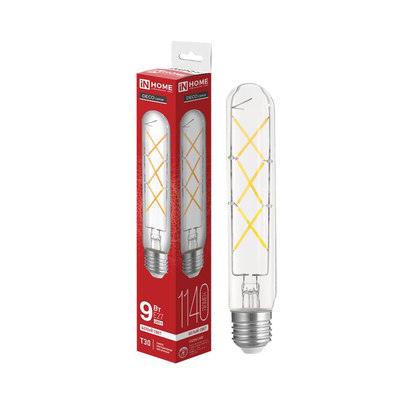 Лампа светодиодная LED-T30-deco 9Вт 230В Е27 4000К 1140Лм 225мм прозрачная IN HOME