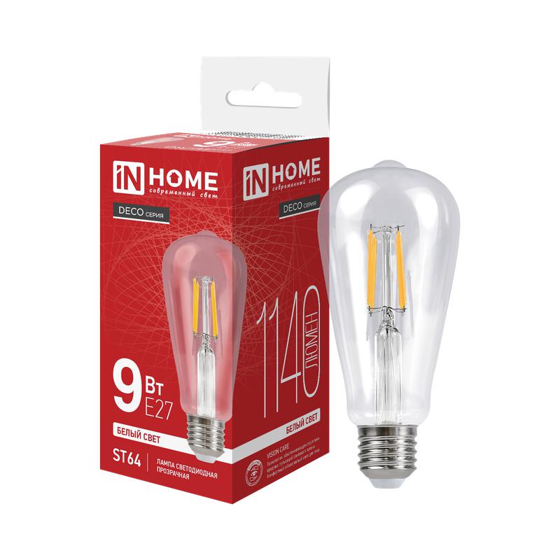Лампа светодиодная LED-ST64-deco 9Вт 230В Е27 4000К 1140Лм прозрачная IN HOME