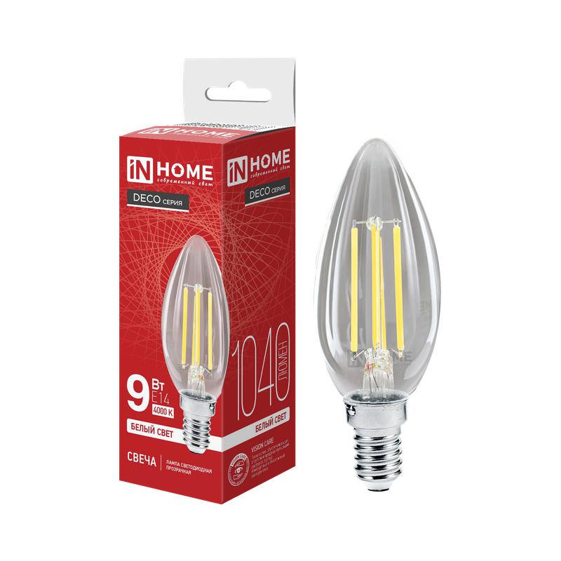 Лампа светодиодная LED-СВЕЧА-deco 9Вт 230В Е14 4000К 810Лм прозрачная IN HOME