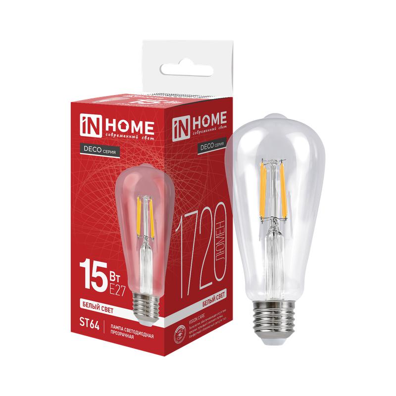 Лампа светодиодная LED-ST64-deco 15Вт 230В Е27 4000К 1720Лм прозрачная IN HOME