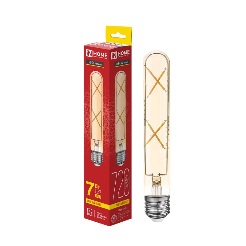 Лампа светодиодная LED-T30-deco gold 7Вт 230В Е27 3000К 720Лм 185мм золотистая IN HOME