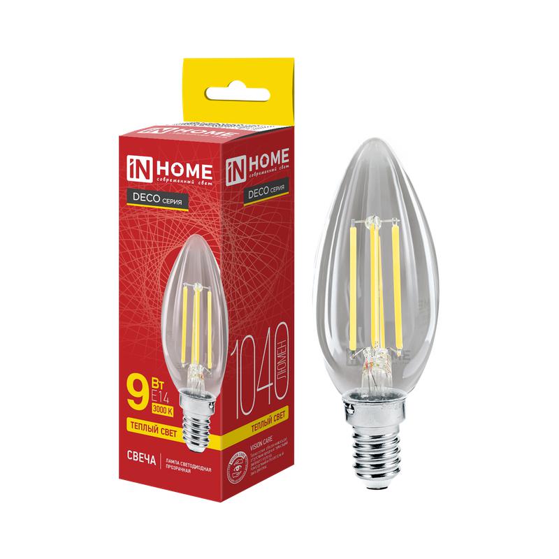 Лампа светодиодная LED-СВЕЧА-deco 9Вт 230В Е14 3000К 810Лм прозрачная IN HOME