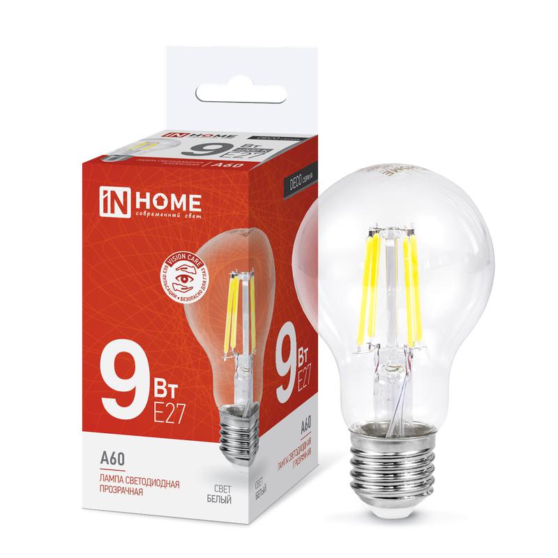 Лампа светодиодная LED-A60-deco 9Вт 230В Е27 4000К 1040Лм прозрачная IN HOME