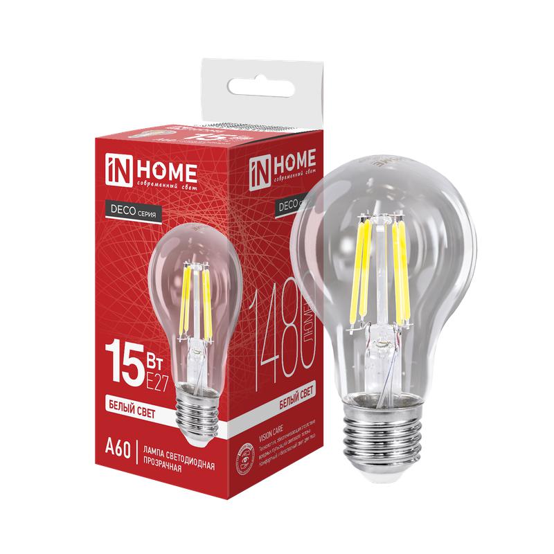 Лампа сд LED-A60-deco 15Вт 230В Е27 4000К 1480Лм прозрачная IN HOME