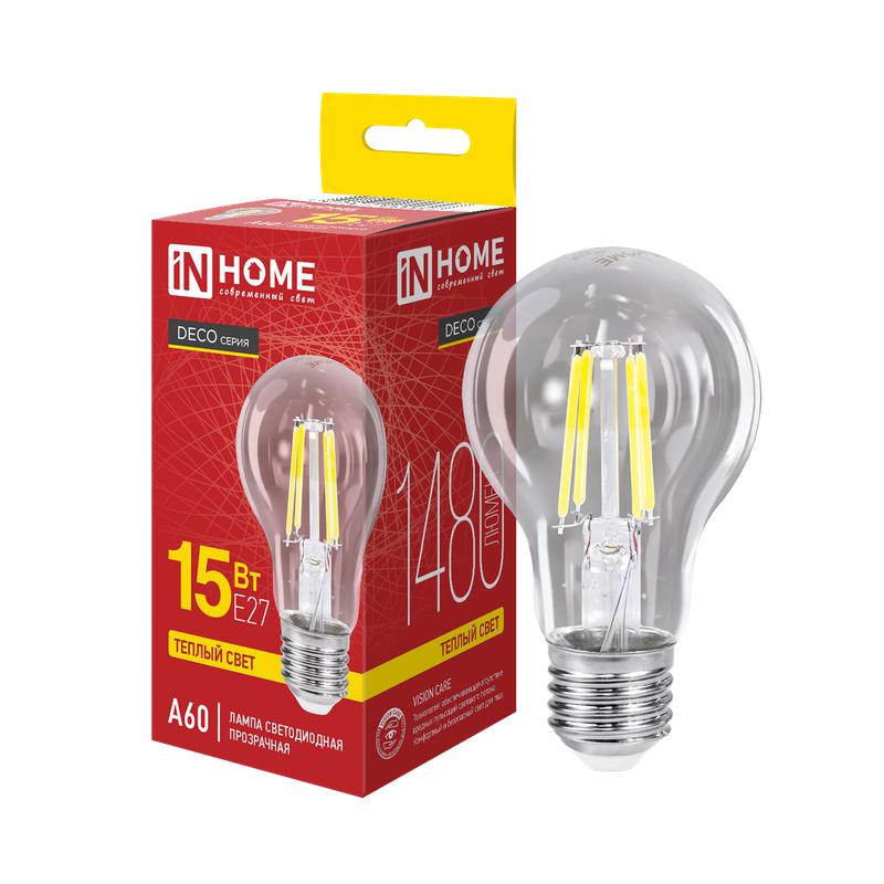 Лампа сд LED-A60-deco 15Вт 230В Е27 3000К 1480Лм прозрачная IN HOME