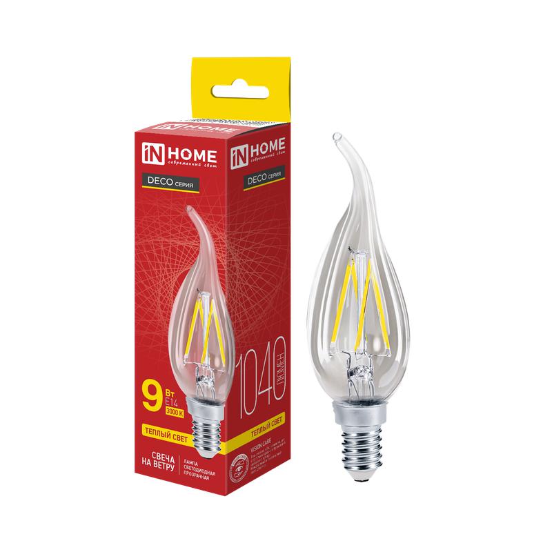 Лампа светодиодная LED-СВЕЧА НА ВЕТРУ-deco 9Вт 230В Е14 3000К 810Лм прозрачная IN HOME