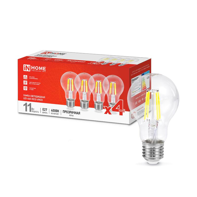 Лампа сд LED-A60-deco 4PACK 11Вт 230В Е27 4000К 1160Лм (4шт./упак) прозрачная IN HOME