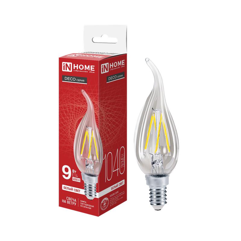 Лампа светодиодная LED-СВЕЧА НА ВЕТРУ-deco 9Вт 230В Е14 4000К 810Лм прозрачная IN HOME